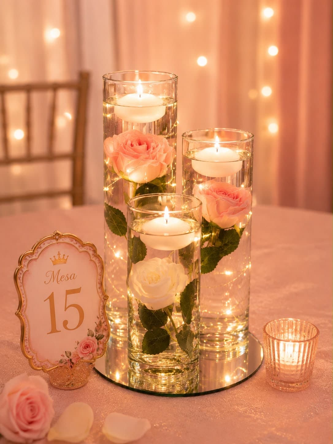 Tubos Velas Flotantes 2, diseño de Flora Eventos Florales
